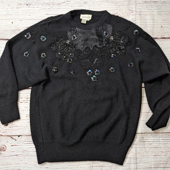 Eugenia by Angenie Lambswool Angora Beaded Sequined Black Sweater Medium Vintage - Picture 4 of 12